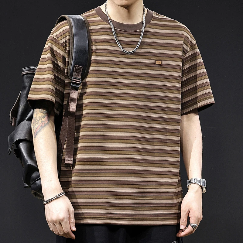 LEIGHZ/雷茨条纹美式短袖t恤男士大码夏季新款衣服重磅拼色体恤