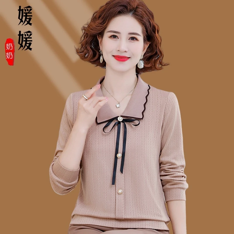 2025新款春季妈妈针织衫时尚长袖打底衫娃娃领洋气宽松上衣针织衫