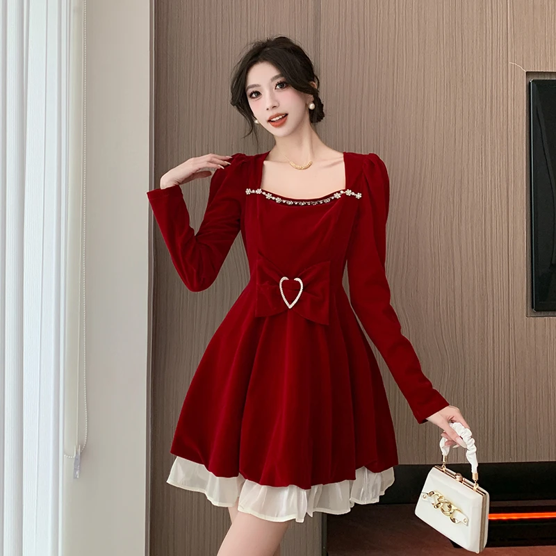 实拍 复古宫廷风丝绒连衣裙秋冬赫本收腰红色生日聚会公主礼服裙