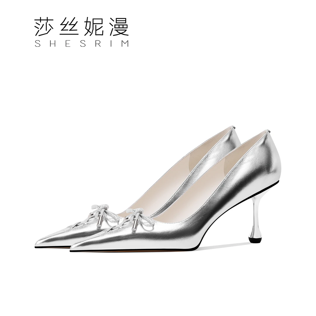 【贵气千金】春季尖头细高跟浅口女士单鞋蝴蝶结系列银色简约百搭女