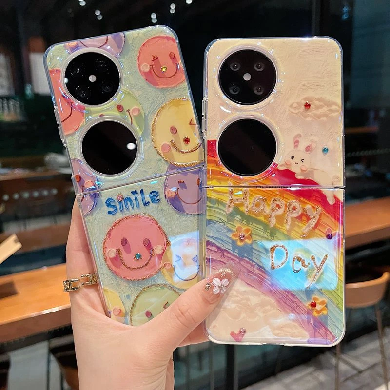 适用oppo华为折叠屏新款手机壳可爱油画smile笑脸全包防摔保护套
