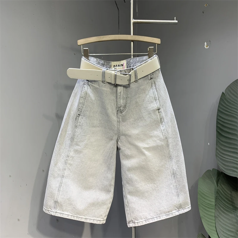 原创欧货2025年夏季新款浅灰色6分牛仔直筒裤宽松bf风七分阔腿裤