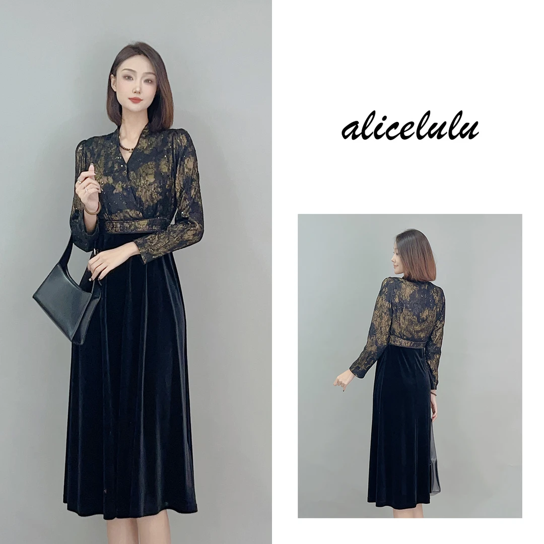 6 alicelulu“黑金时代”连衣裙蕾丝烫钻华美丝绒S1034801J