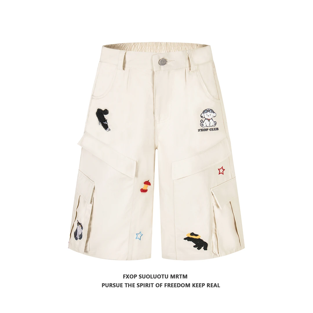 FXOP夏季七分裤刺绣多口袋设计感裤子情侣款宽松半松紧腰短裤W123