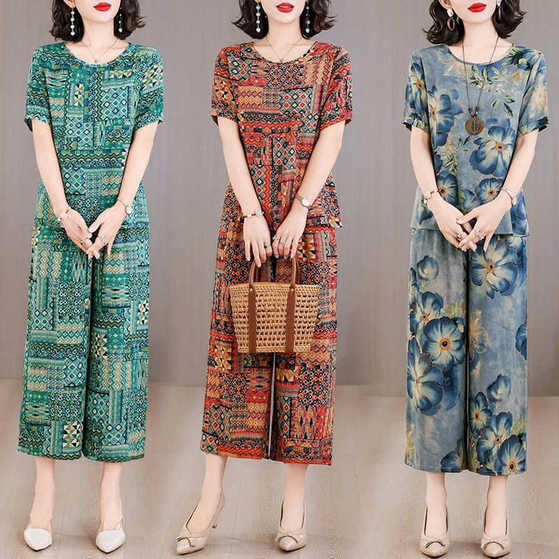 棉绸套装女时尚外穿夏季新款短袖七分裤休闲大码薄款人造棉两件套