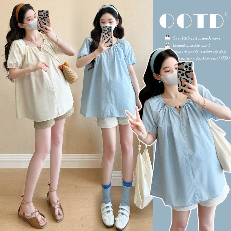 2025夏季新款孕妇套装法式温柔气质娃娃衫上衣孕妇托腹短裤两件套