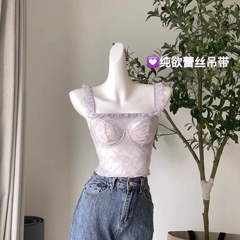 6003#蕾丝纯欲法式内衣女大胸显小软钢圈蕾丝性感内搭外穿小背心