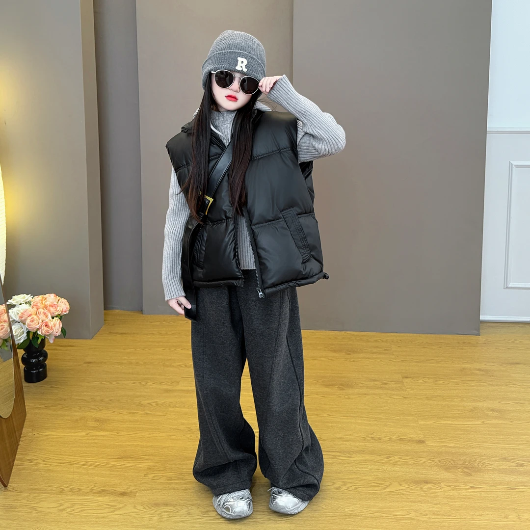 女童秋冬装棉马甲2025新款韩版洋气儿童连帽毛衣加绒休闲裤套装潮