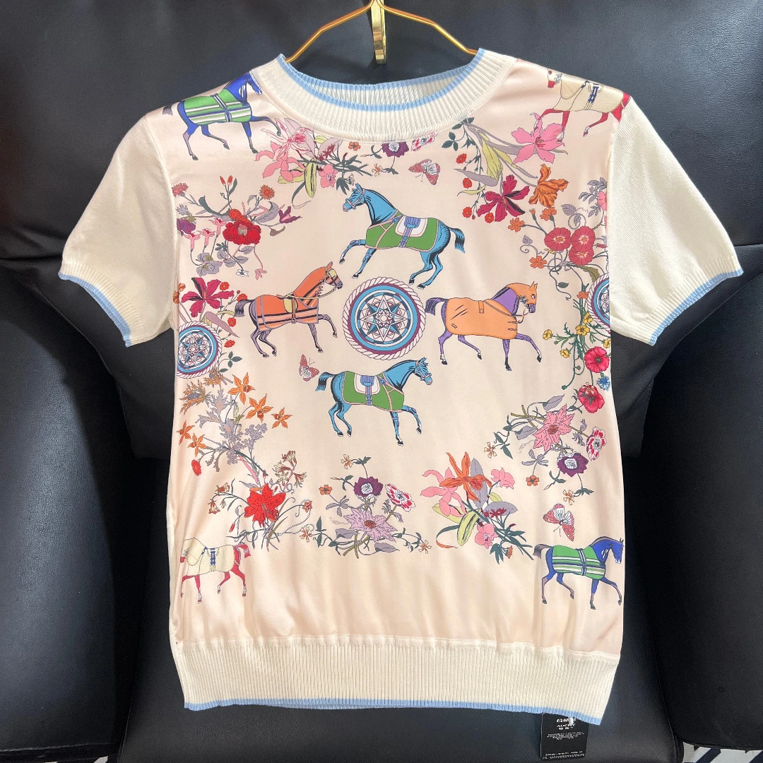 流光风 奢品“千里马”桑蚕丝印花上衣针织重工缝盘拼接大牌短袖秋