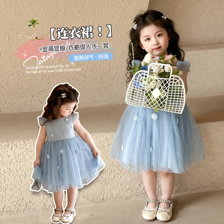 春秋新款爆款童装雪花飞袖女童潮流时髦女公主裙