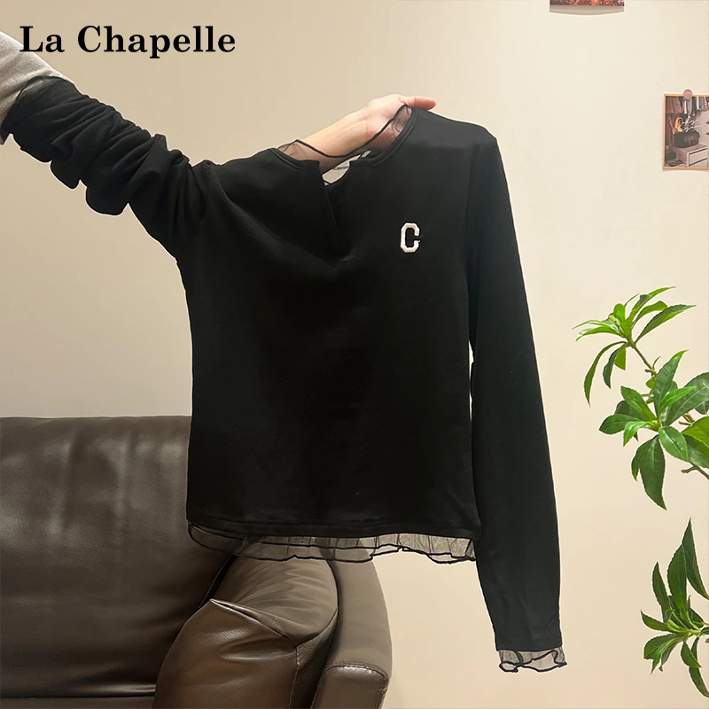 拉夏贝尔甜美网纱边半开领刺绣长袖上衣女秋冬修身显瘦内搭打底衫