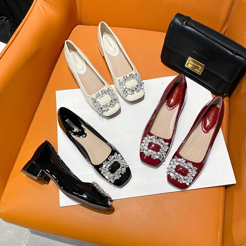 粗跟方头水钻高级感单鞋女鞋子2025新款春秋冬季高跟鞋气质通勤鞋