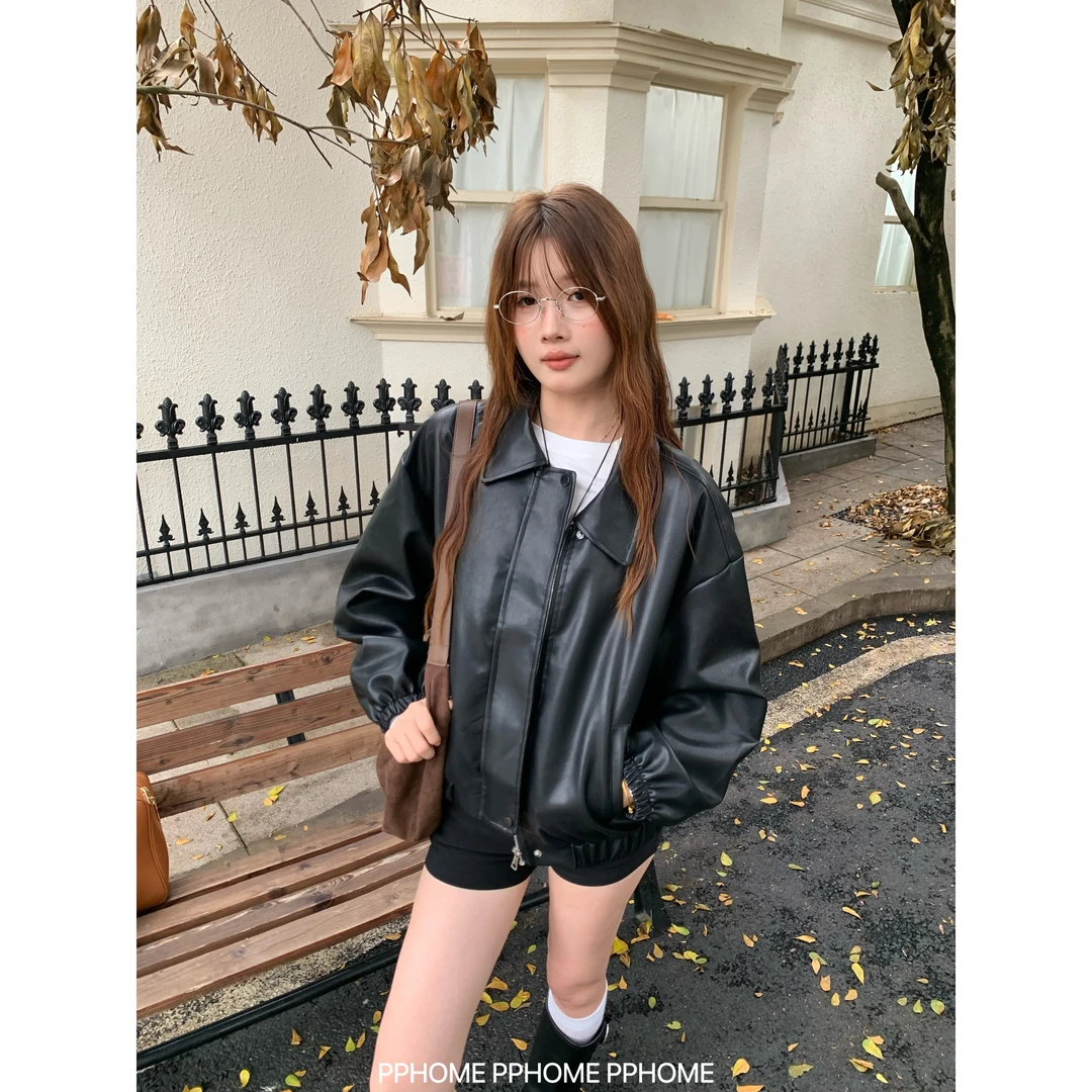 美式女孩 复古皮衣夹克外套女秋冬PU皮宽松长袖上衣