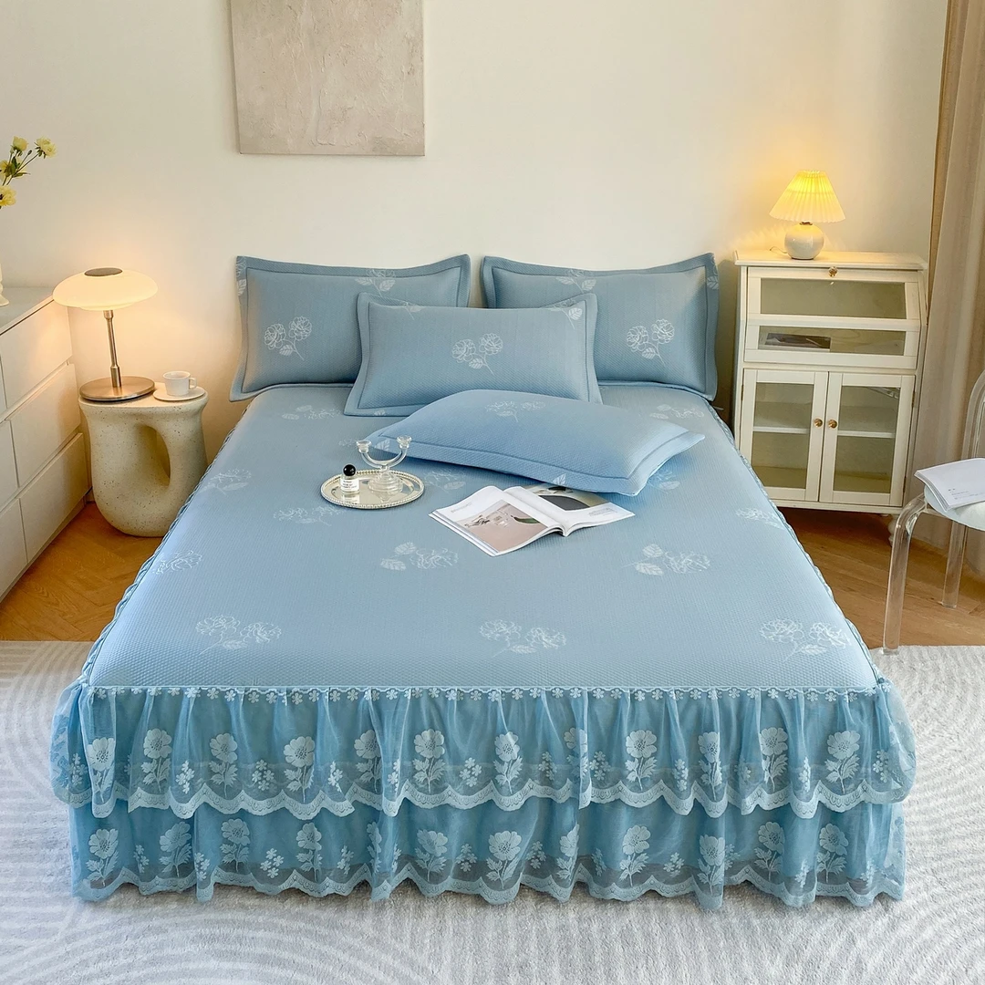 【夏季新款冰丝凉席】3D凉感冰豆豆凉席双层蕾丝花边防滑软席三件套