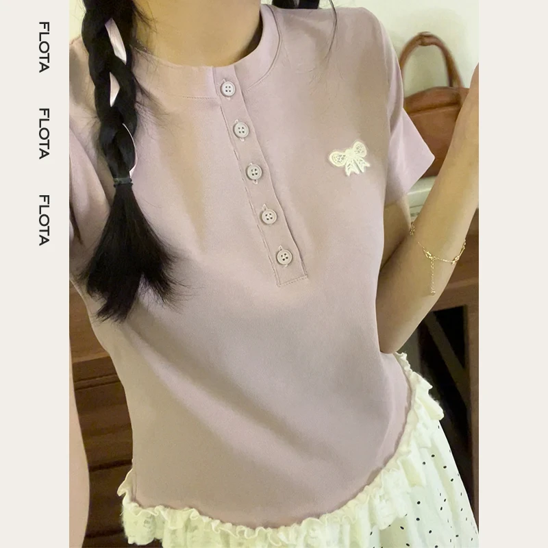 【flota】Miu系蝴蝶结蕾丝拼接短袖T恤女韩系甜妹显瘦百搭上衣1097