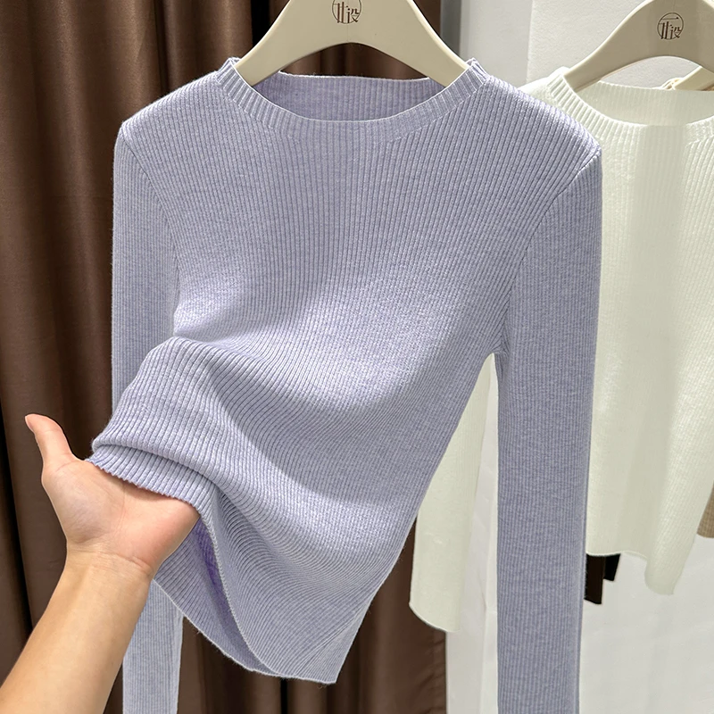香芋紫圆领坑条针织长袖毛衣女早秋新款韩系穿搭气质显瘦软糯上衣