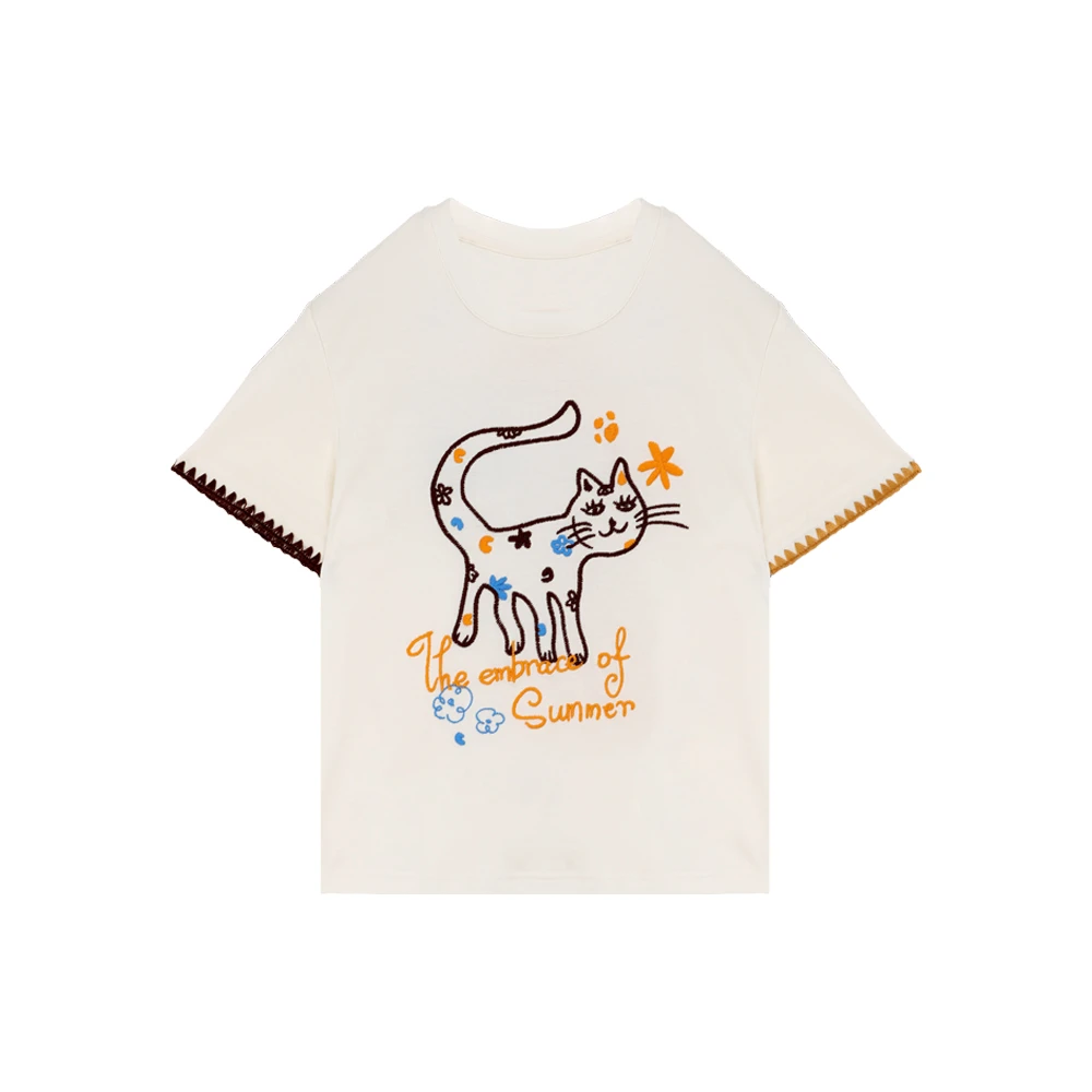 RATX63110可爱风猫咪前后刺绣锁边袖T恤上衣女