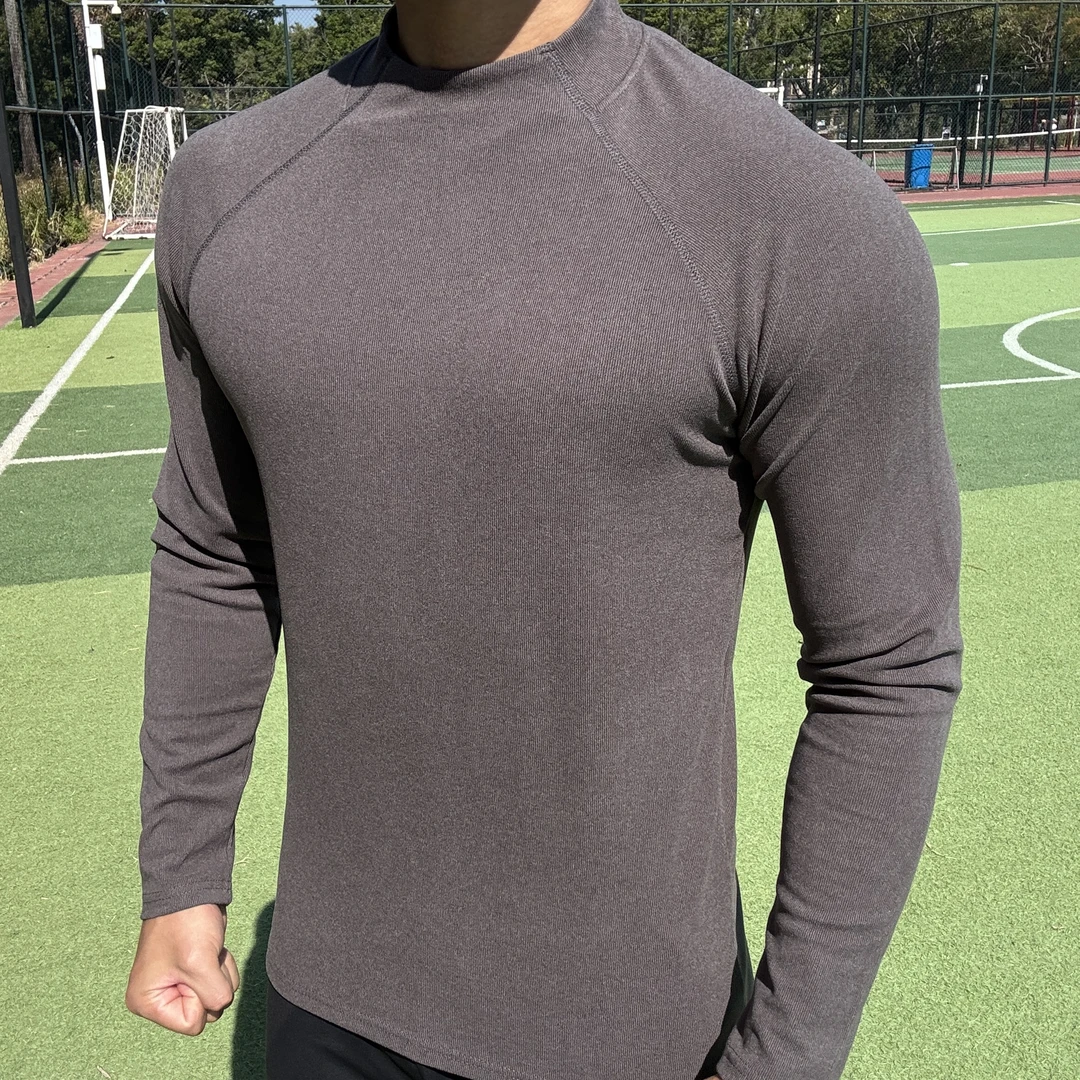 半高领德绒光板保暖运动T恤健身舒适长袖秋冬季打底衫上衣男款
