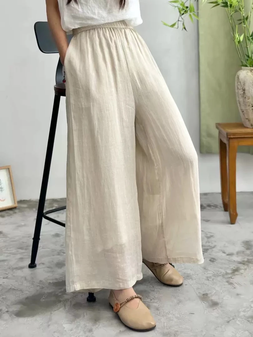 {苎麻仙仙裤}松紧腰薄款双层直筒裤时尚中国风长裤新中式休闲裤