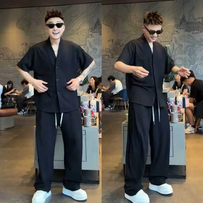 中国风V领开衫休闲套装男士2025新款夏季肌理感短袖裤子一套男装