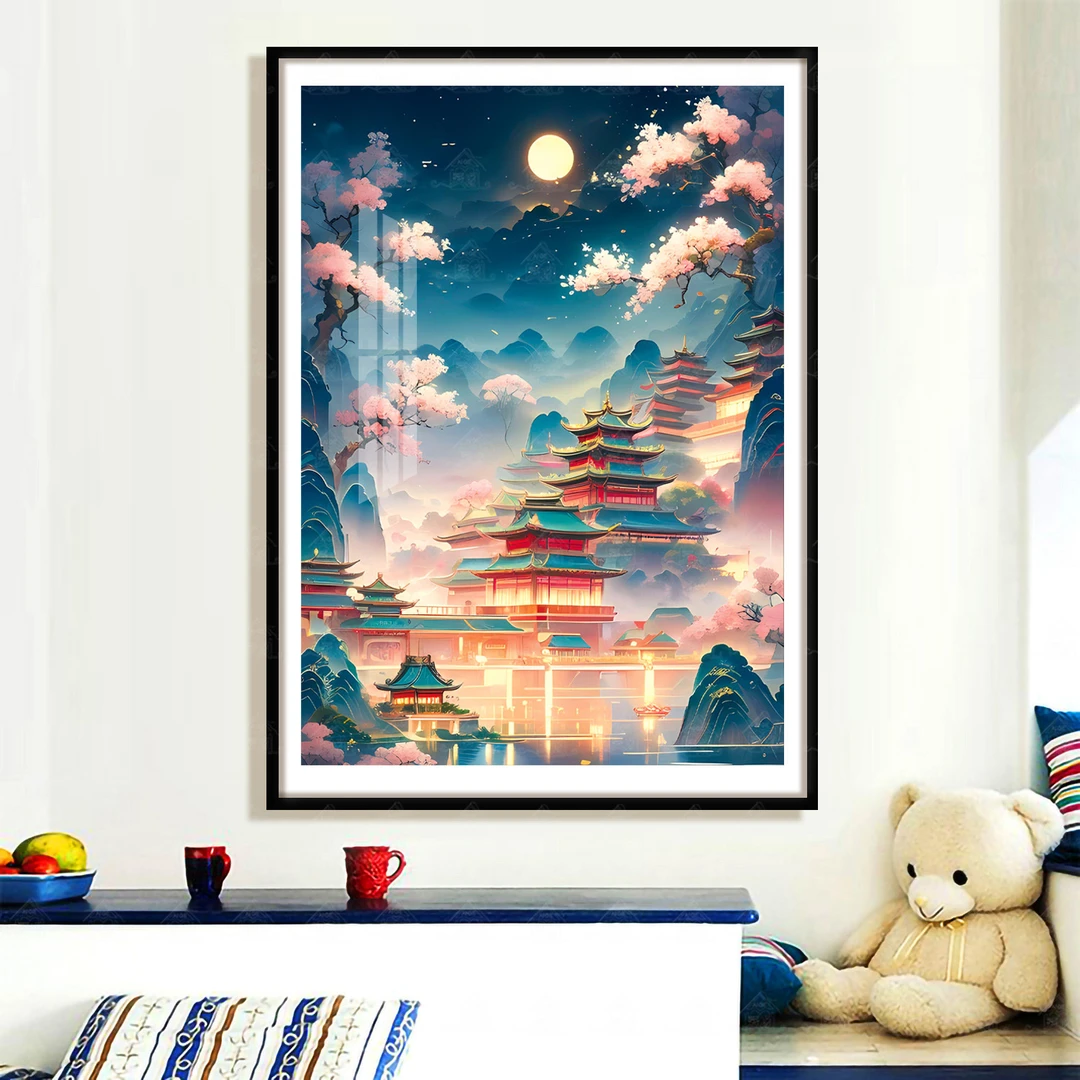 爱阁十字绣金殿山河新款经典中式大幅建筑风景画客厅玄关手工绣