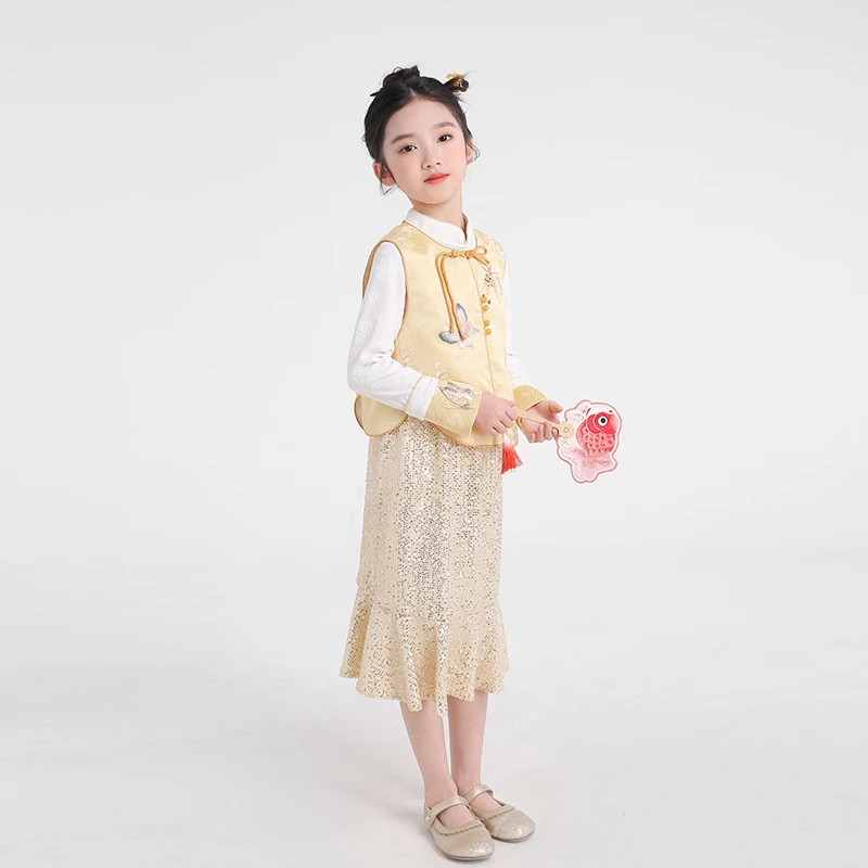 80551女童古风马甲汉服唐装裙子童装2025春季儿童新年礼服套装