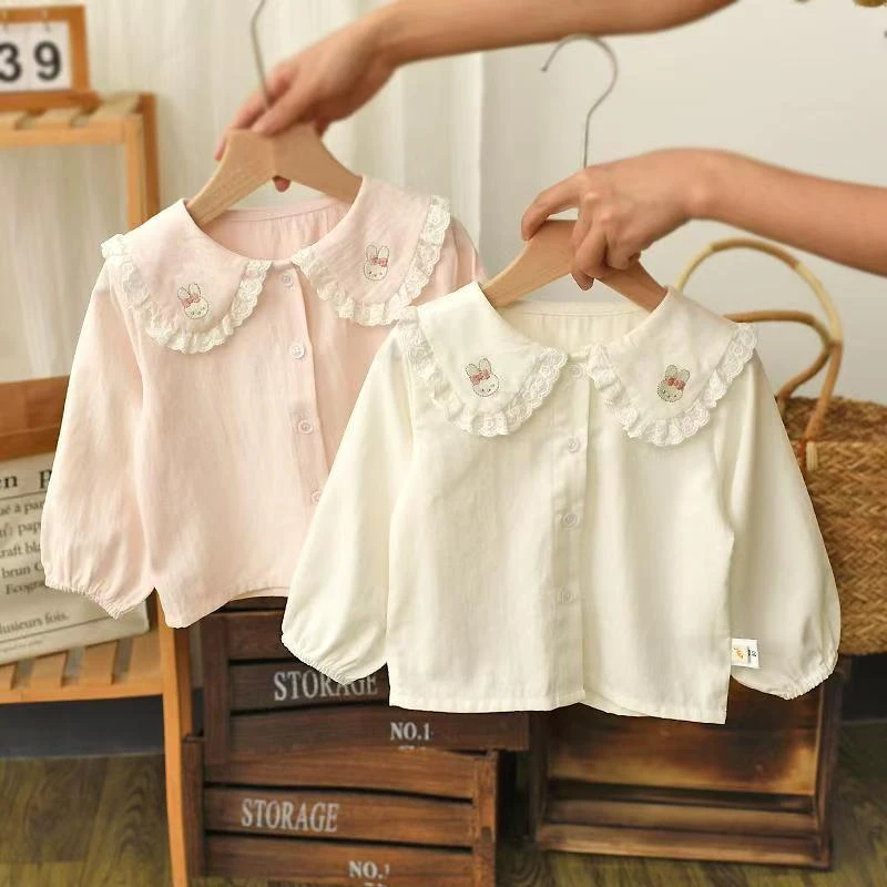 女童衬衣纯棉粉色女宝宝春秋白色衬衫女孩子上衣秋款儿童秋装小童