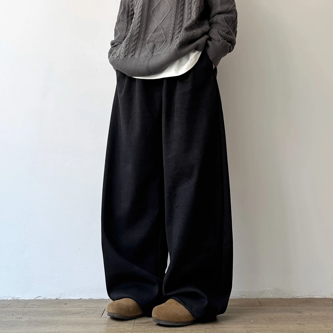 300斤加肥大码日系复古宽松直筒裤男女秋冬加绒加厚毛呢料休闲裤2