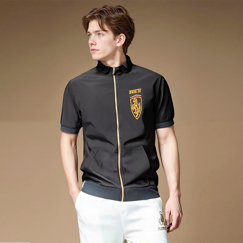 95棉5氨纶 轻奢超重工串片刺绣 全拉链开衫时尚男士短袖T恤B3038