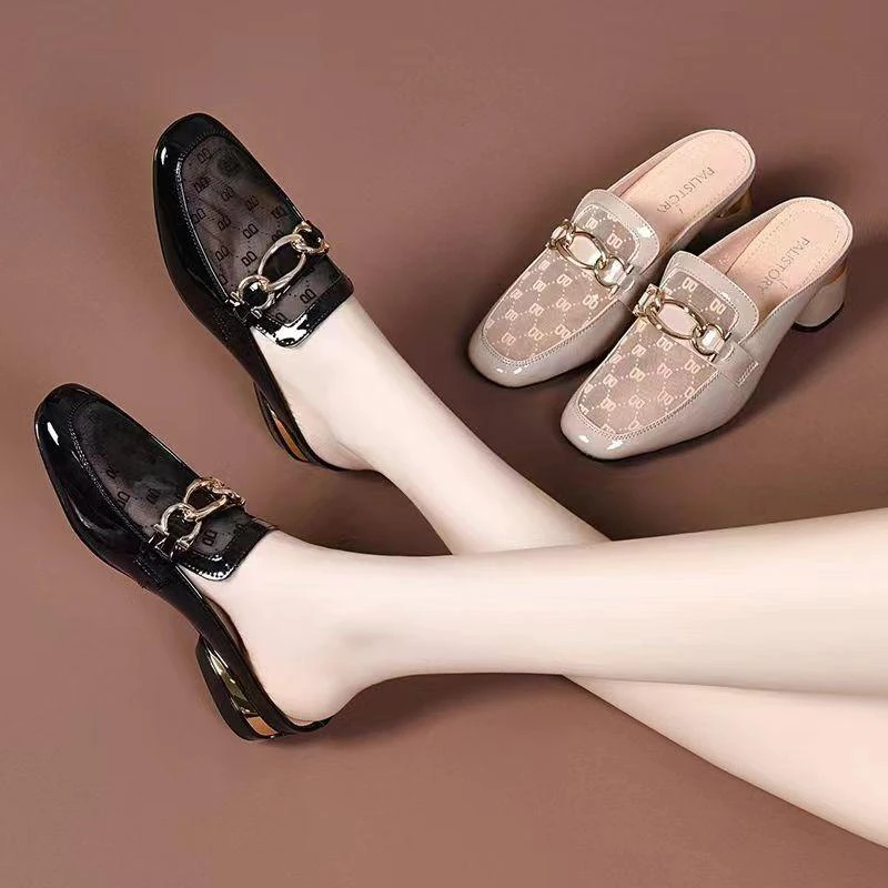 【2种跟高】2025年新款时尚百搭网面软皮包头拖鞋外穿粗跟凉鞋休闲