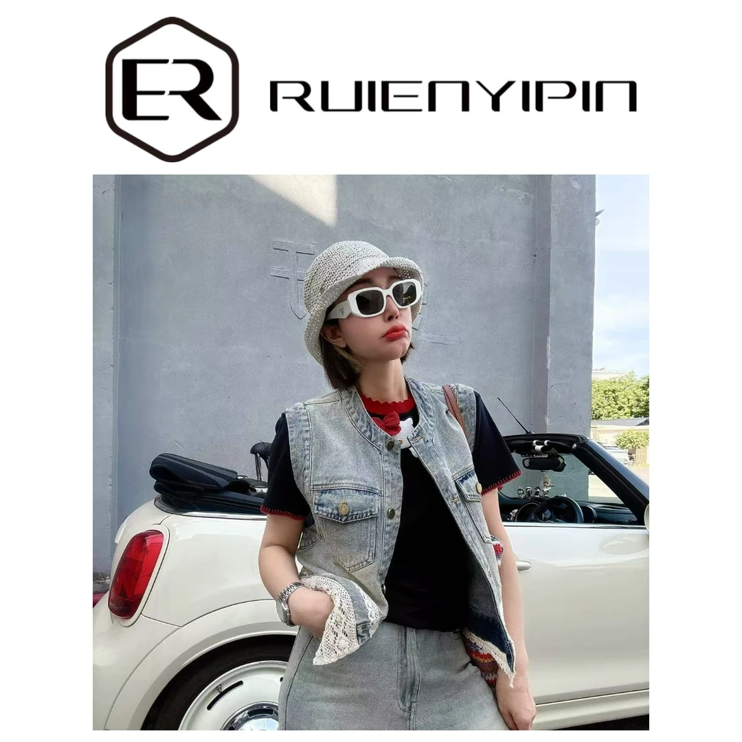 7117#【炫妈】底边花纹蕾丝牛仔马甲时尚洋气穿搭