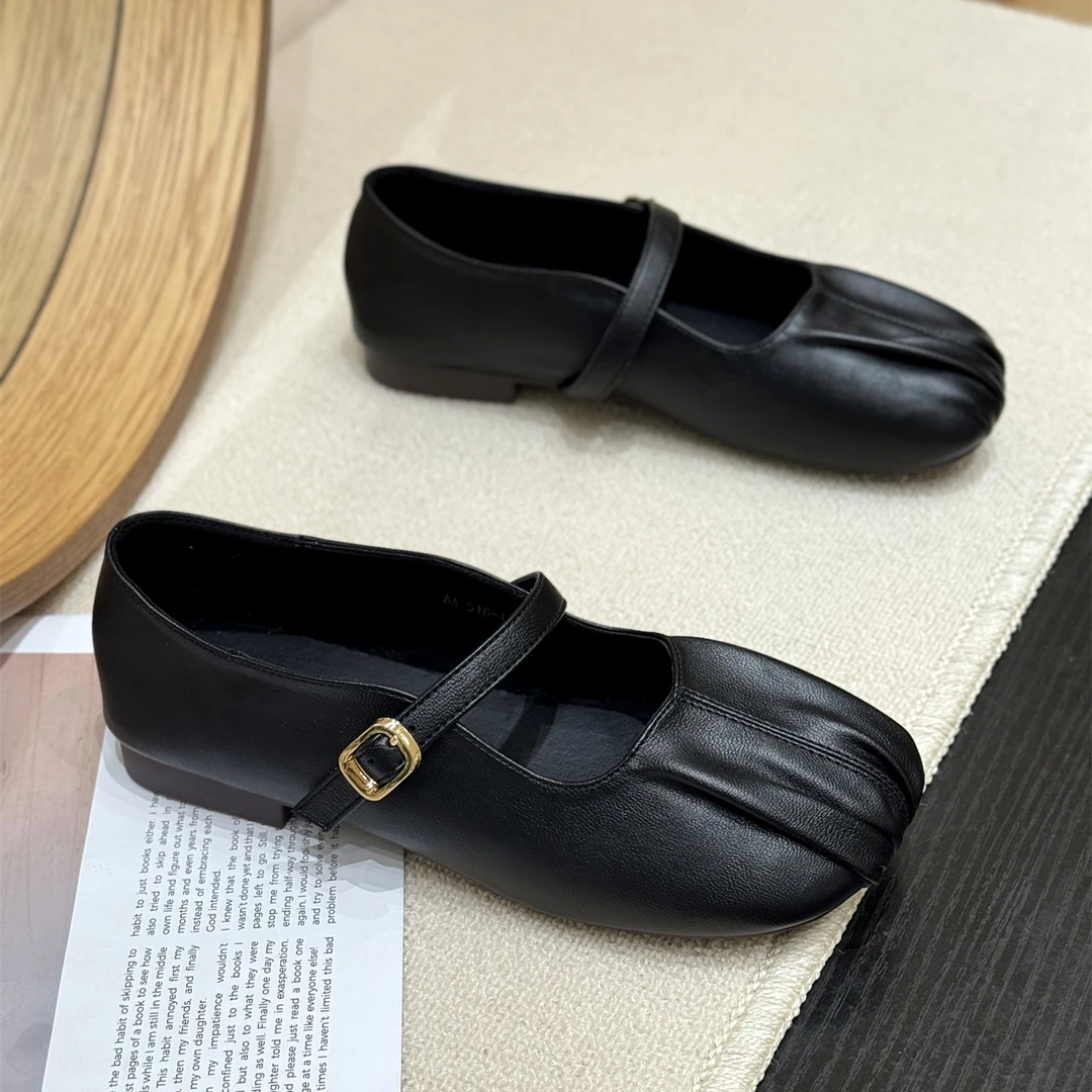 韩版舒适不累脚褶皱玛丽珍鞋女2025新款夏季方头复古百搭平底单鞋