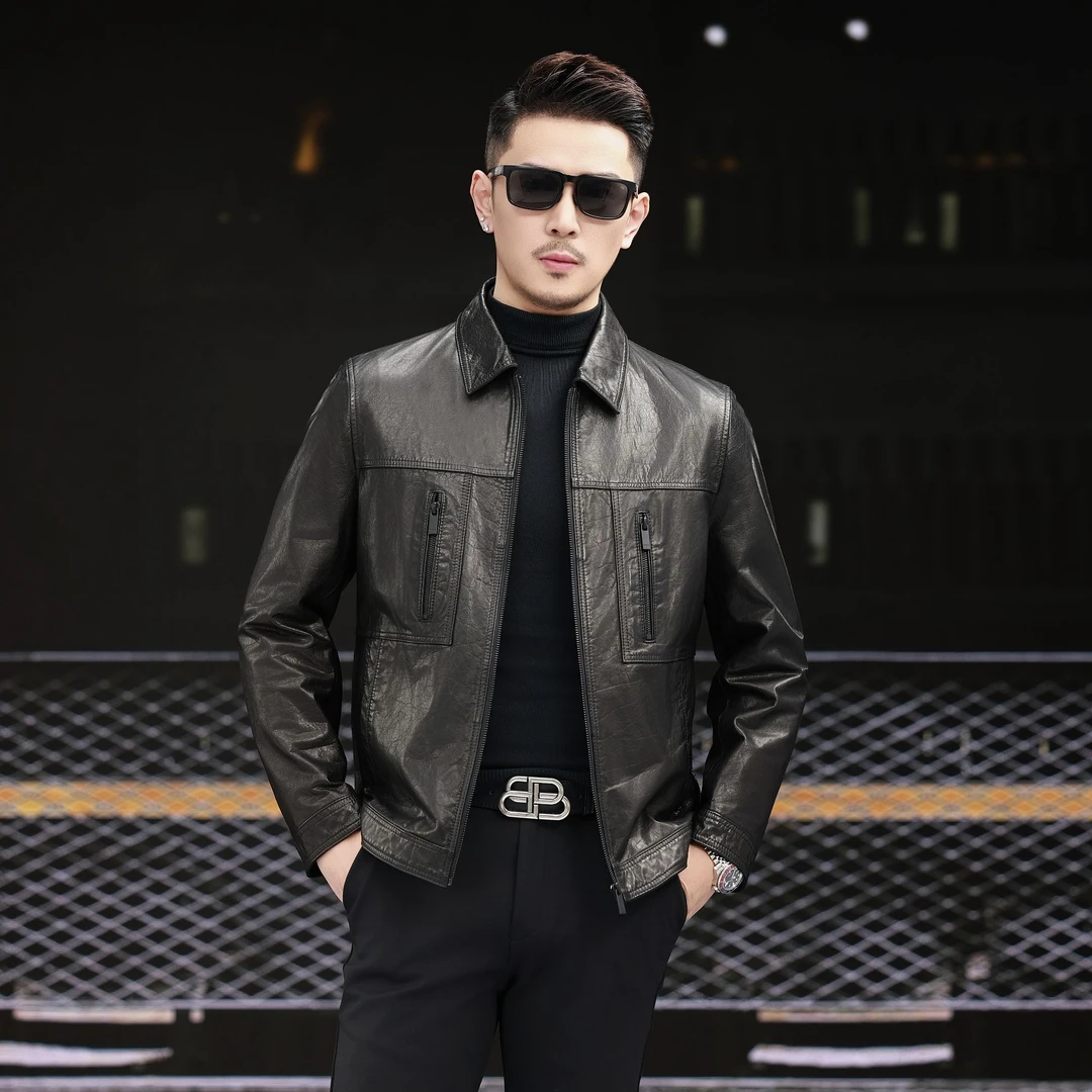 【名驰精选】2025海宁春秋新款男士真皮做旧牛皮休闲夹克25811