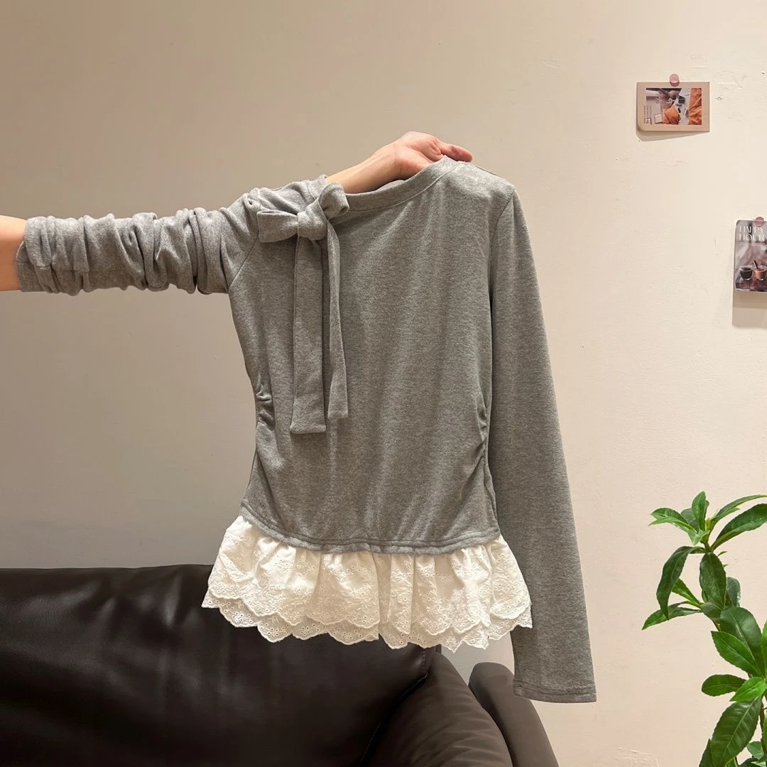 大码德绒蕾丝拼接长袖T恤女秋冬季新款修身显瘦遮肉外穿时尚上衣