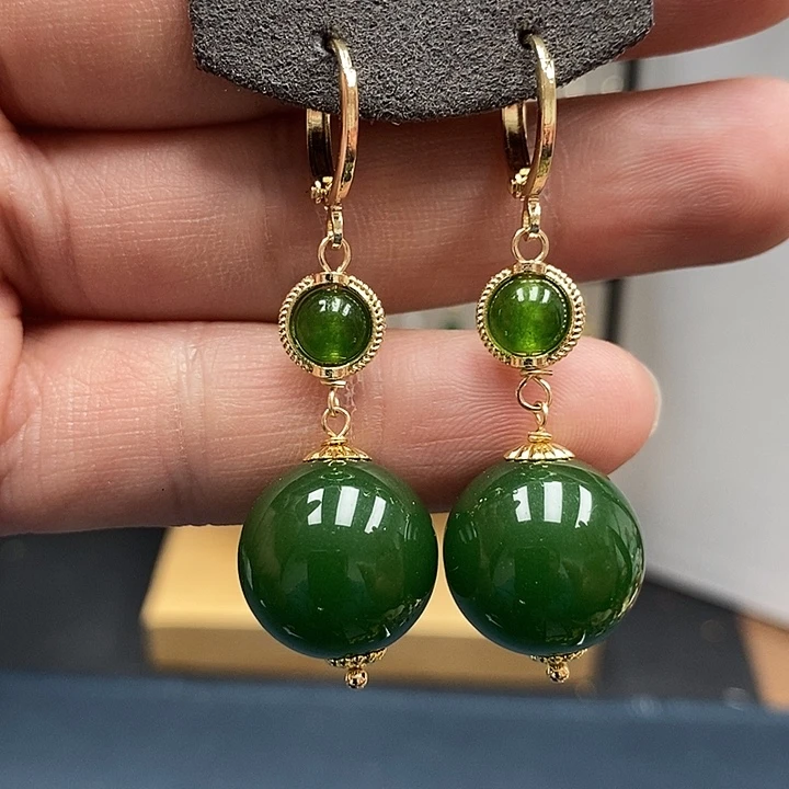 和田玉耳饰银S925镀金镶嵌