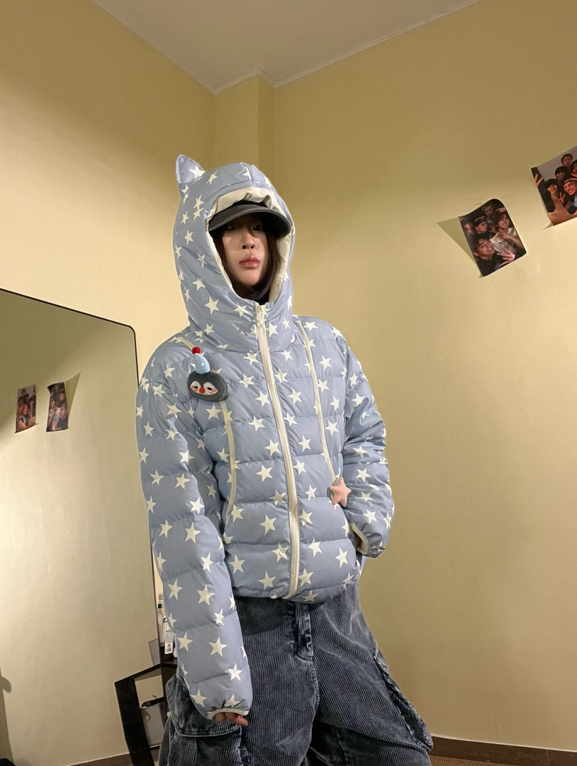 15GET 星星亚亚50白鸭绒轻量排骨羽绒服情侣连帽保暖趣味外套男女