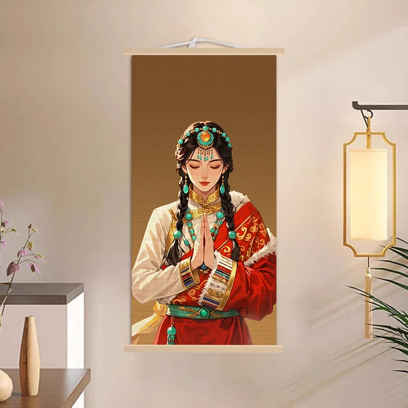 藏族美女虔诚卓玛少女竹挂画书房茶室客厅沙发背景墙玄关装饰画