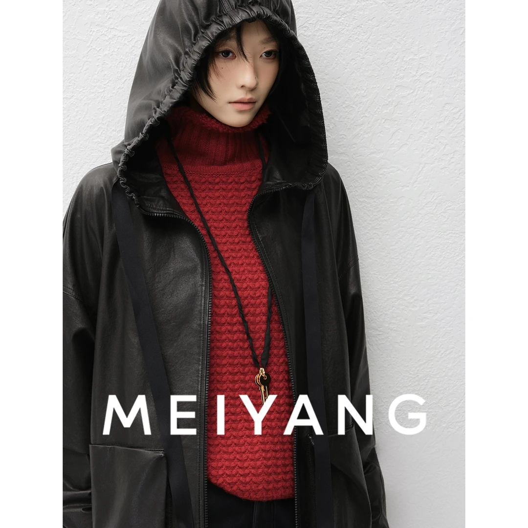 美洋MEIYANG 大斗篷皮衣【商场同款】植鞣绵羊皮革连帽夹克-周四