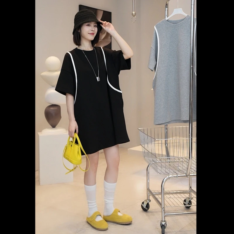 常规A字裙短袖夏季大码连衣裙中长裙圆领宽松腰背心