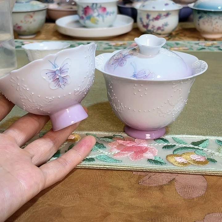 【闪购商品】紫帘舞蝶盖碗➕高足花口杯