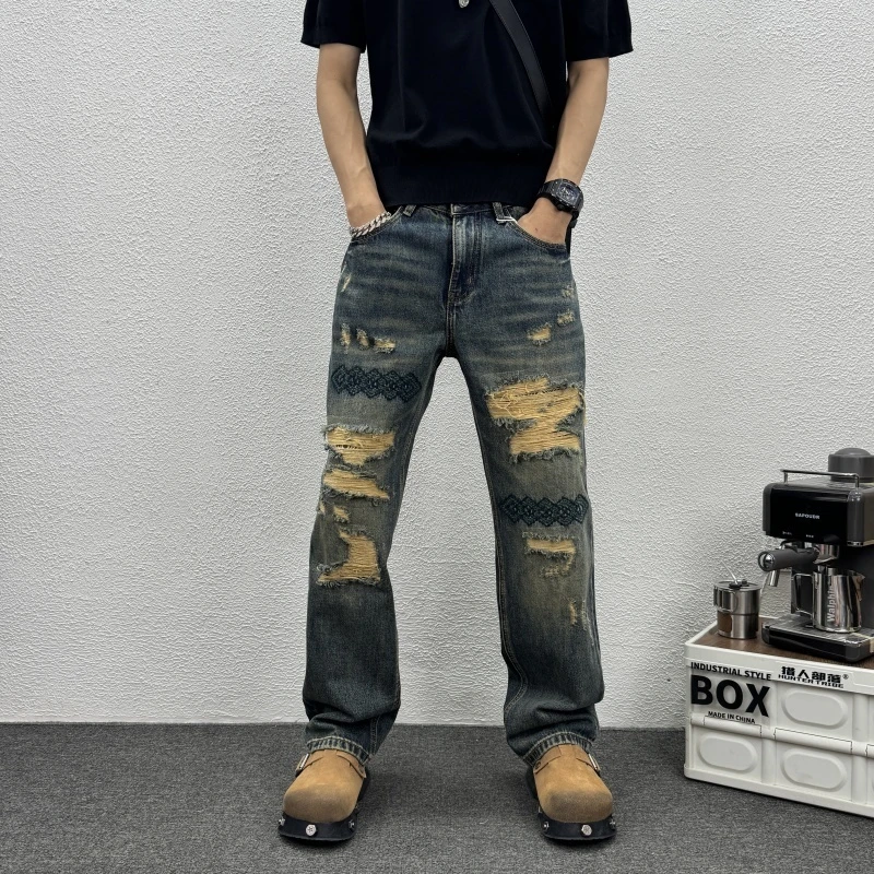 乞丐刺绣直筒水洗牛仔休闲男士长裤2025秋季新款百搭时尚潮流宽松