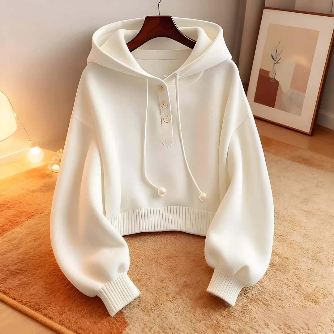 2025年秋季韩系慵懒风时尚洋气卫衣女小众别致白色连帽韩系穿搭