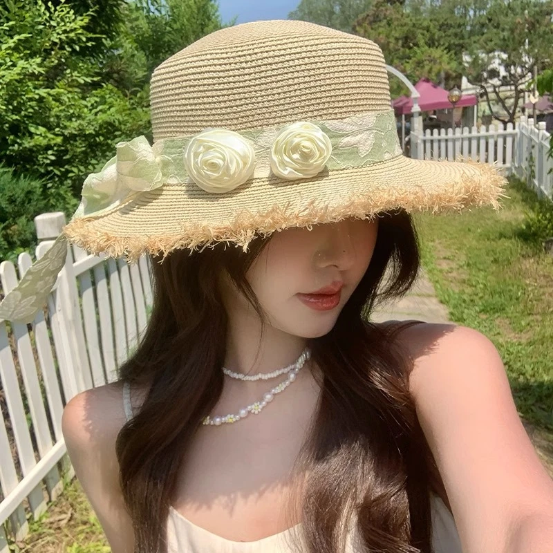 2025新款蝴蝶结花朵平顶拉菲草帽女夏天海边沙滩编织帽子遮阳帽