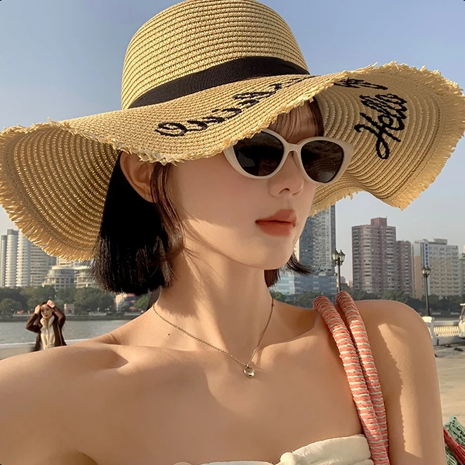 TIFICY户外海边度假大帽檐太阳帽女夏季新款遮阳防晒帽子法式编织