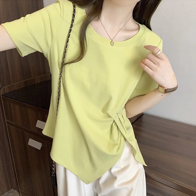 大码温婉风短袖T恤女夏季收腰遮肚显瘦不规则上衣微胖MM开叉体恤