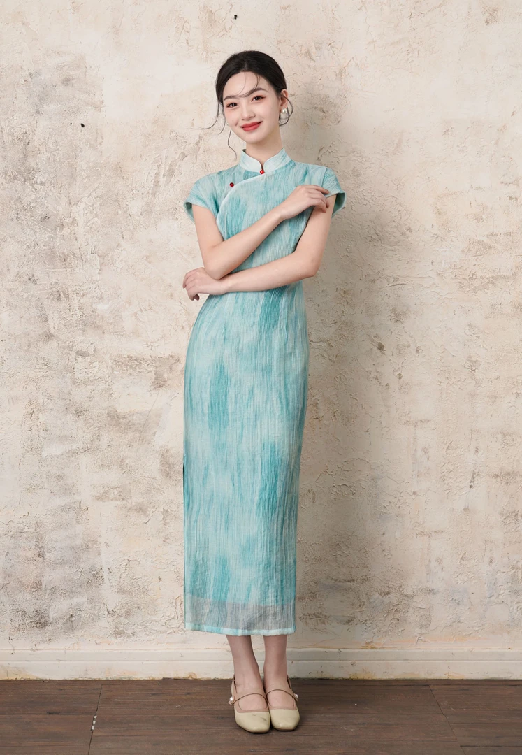 2025新款春夏蓝色改良旗袍新中式国风复古清冷感气质日常连衣裙