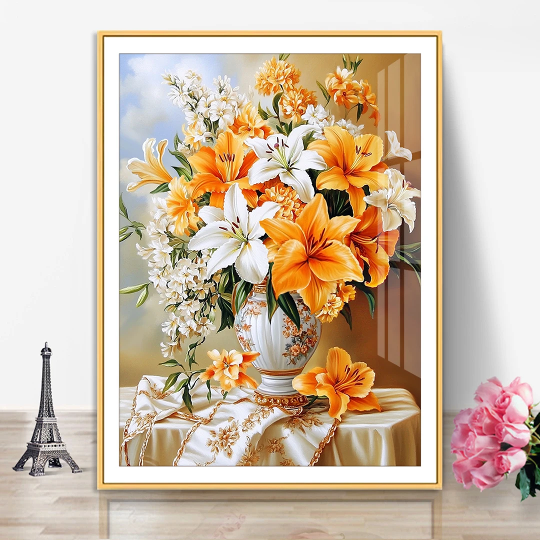 富贵百合十字绣新款2025年高级感客厅玄关手工刺绣年轻人花卉挂画