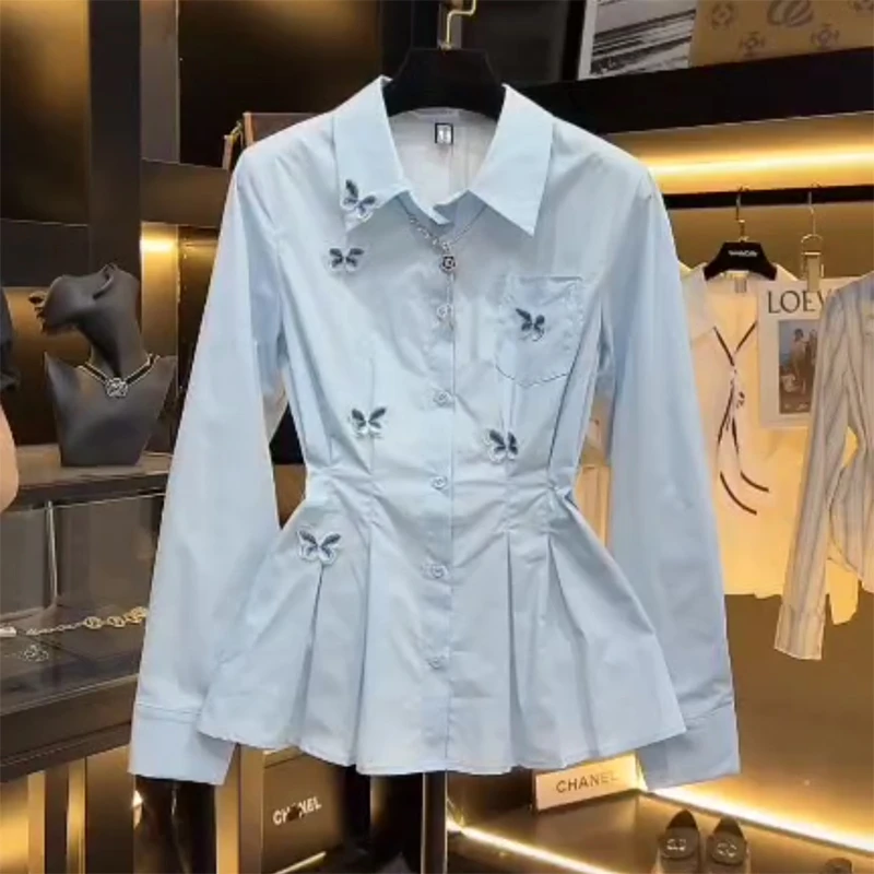 春季新款大码2025年时尚高级感小众长袖POLO领收腰显瘦洋气衬衫女