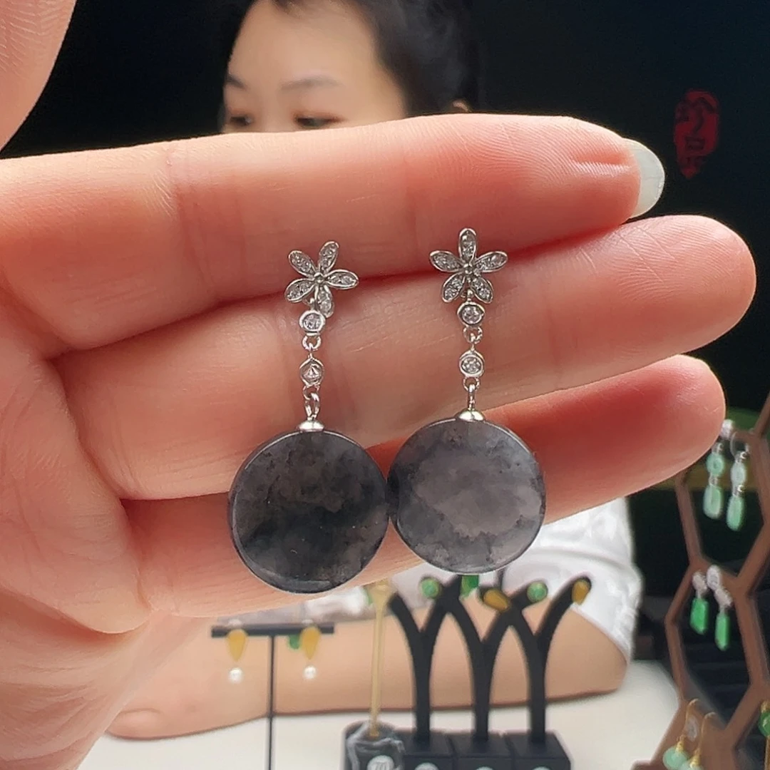 翡翠银S925镶嵌耳饰天然翡翠