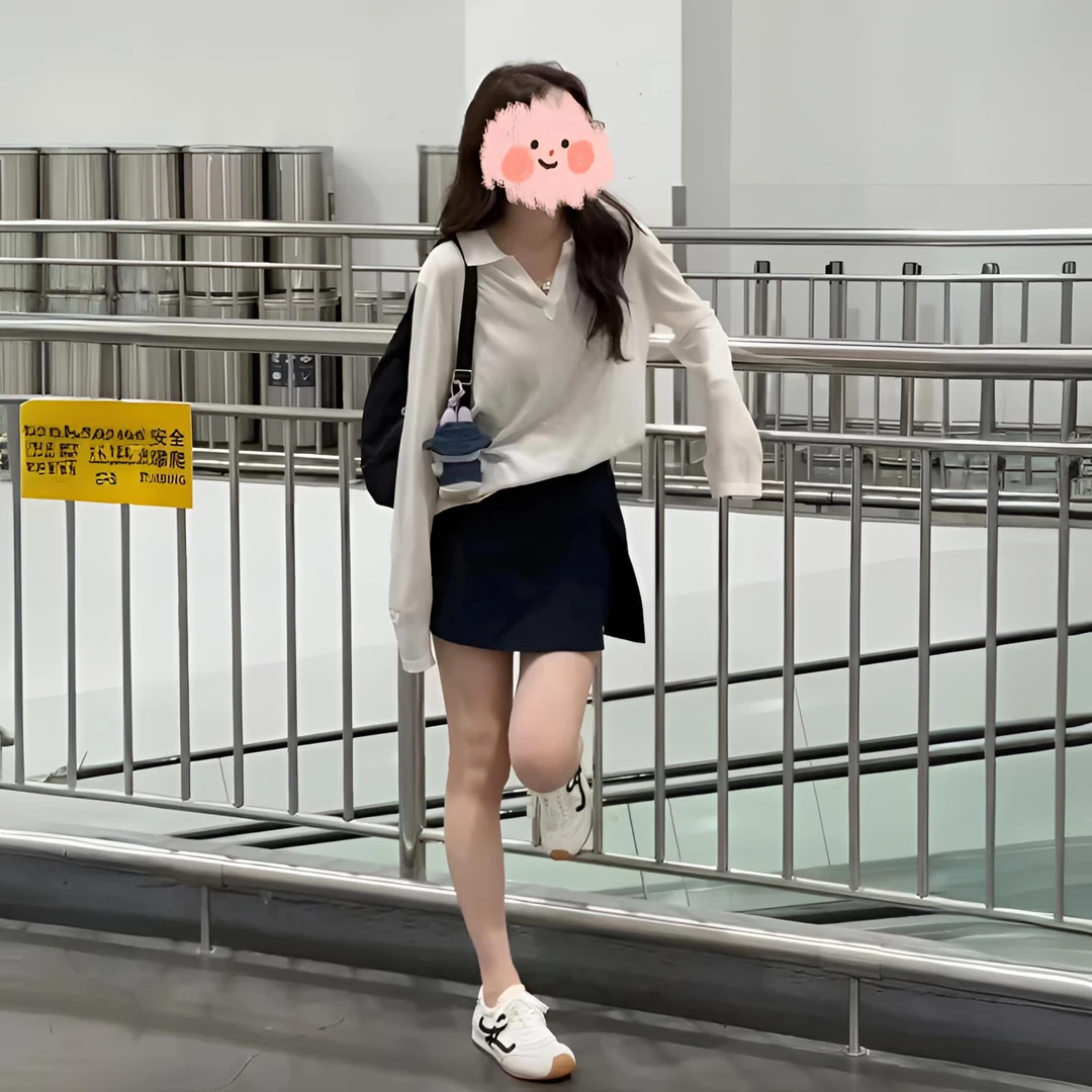 设计感韩系气质灰色翻领长袖t恤显瘦防晒罩衫上衣女+高腰开叉裙裤